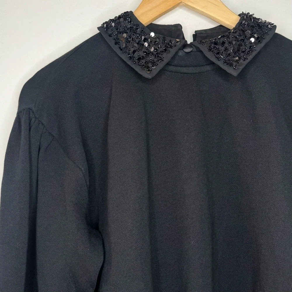 J Crew Black Sequin embellished Collar Sweatshirt Women’s X Small 4 Glam preppy